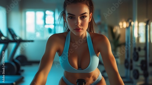 Woman focused on indoor cycling in gym, fitness motivation photo