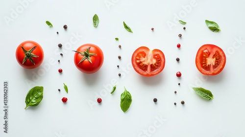 Single tomatoes, halved tomatoes, and tomatoes with basil, all shown against a white background.

