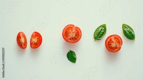 Single tomatoes, halved tomatoes, and tomatoes with basil, all shown against a white background.
