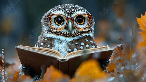 Cute owl reading book autumn leaves