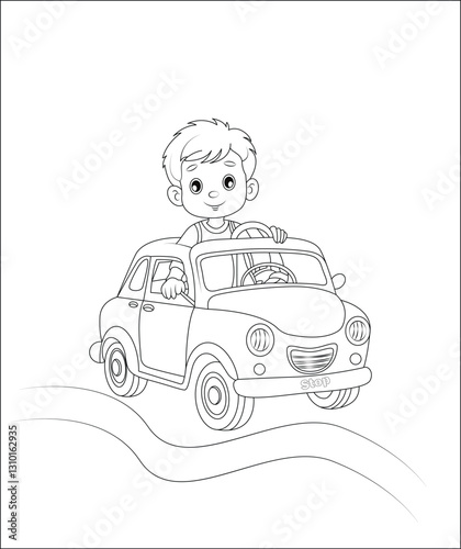 little boy driving car | coloring page | coloring book page | line art for kids and aduls.
