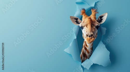 A giraffe appears through a torn section of a blue wall, showcasing its unique patterned fur and long neck, creating an amusing and eye-catching visual.