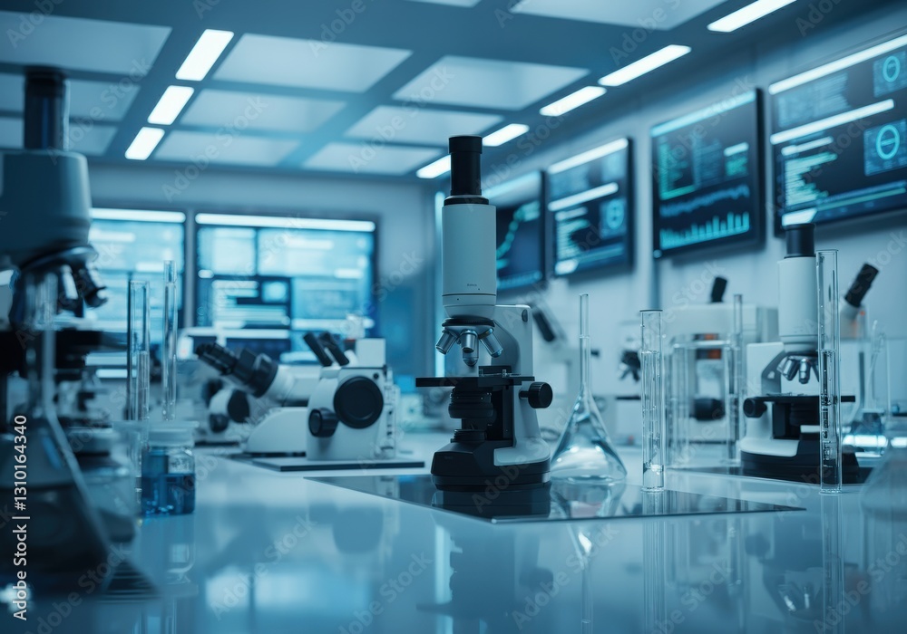 Modern laboratory with advanced microscopes and digital displays Modern laboratory with advanced microscopes and digital displays