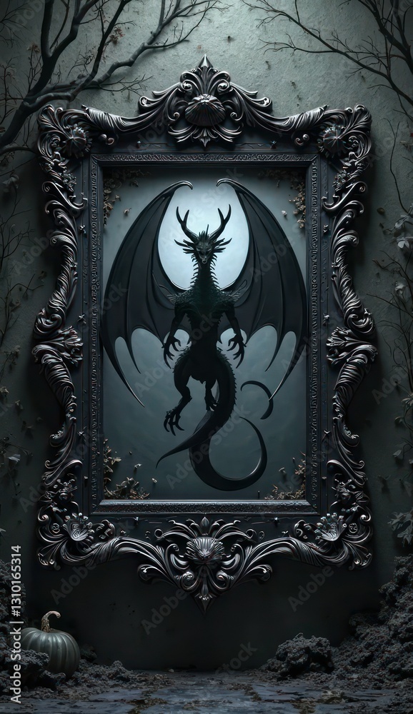 Fototapeta premium shadowy gothic border with dragon motifs and mist
