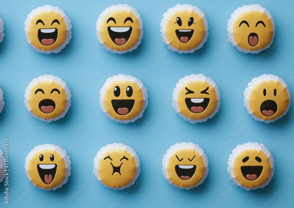 Fototapeta premium Emoji faces, flat lay, on a light blue background, various expressions