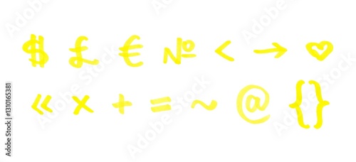 Special Characters and Punctuation Symbol Set, Hand-drawn Marker Glyphs with yellow color on White Background