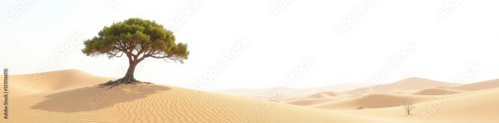 Deserted landscape with a lone tree on white background, emptiness, serenity Deserted landscape with a lone tree on white background, emptiness, serenity
