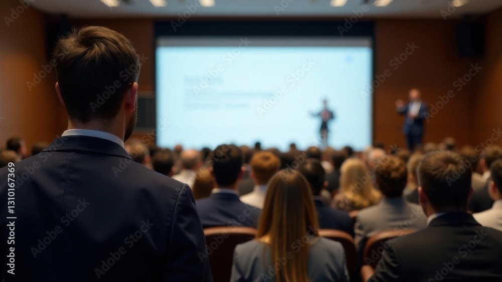 Obraz premium Male speaker giving presentation in hall at university workshop. Audience or conference hall. Rear view of unrecognized participants in audience. Scientific conference event, training