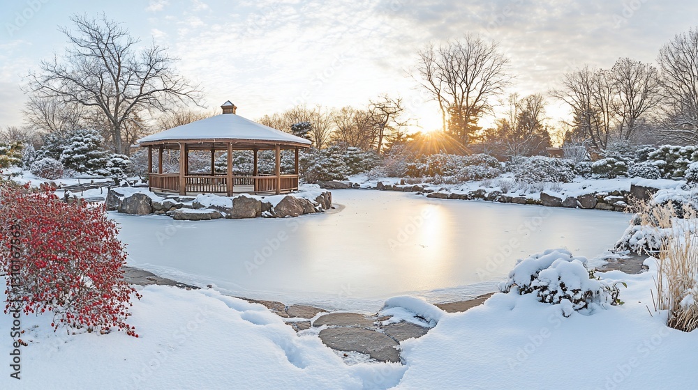 Serene winter sunrise over a snow-covered gazebo and frozen pond Serene winter sunrise over a snow-covered gazebo and frozen pond