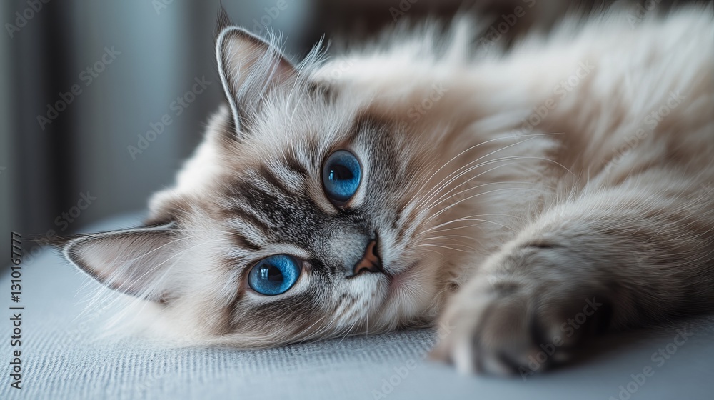 Fototapeta premium Adorable Ragdoll Cat with Striking Blue Eyes Fluffy Fur Close Up Pet Photography Beautiful Animal Image Soft Paws Domestic Cat cute grey home calm 