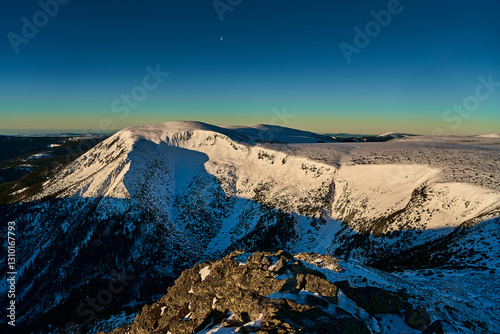 Majestic mountain range at sunrise, wonderful landscape. Tranquility concept