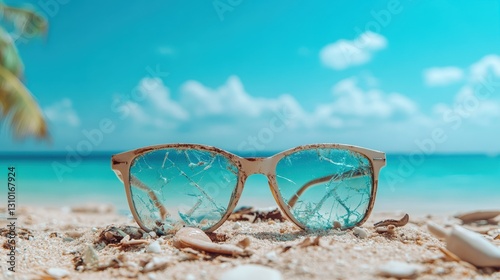 These broken sunglasses resting on sandy beach evoke a sense of nostalgia and lost adventures, juxtaposed against the serene tropical backdrop of sea and sky. photo