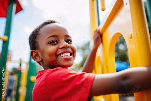 Happy child playing and climbing on a colorful playground structure