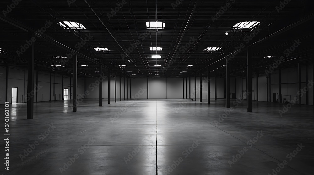 Empty Warehouse Interior with Concrete Floor and Skylights View Empty Warehouse Interior with Concrete Floor and Skylights View