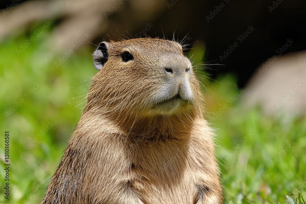 Capybara resting on green grass in a natural habitat during a sunny day Capybara resting on green grass in a natural habitat during a sunny day