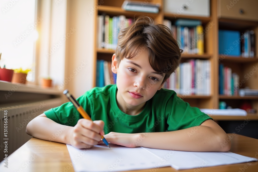 Elementary school student writing notes while studying at home Elementary school student writing notes while studying at home