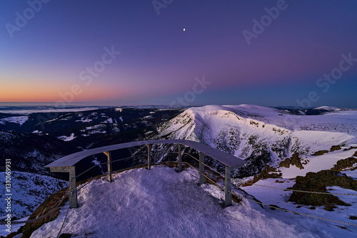 Observation point in snowy mountains, hiking as hobby. Stunning landscape