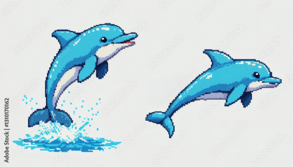 Naklejka premium Retro 8-bit pixel art of a playful dolphin, isolated on a white background, shown in two perspectives jumping out of the water and swimming side view.