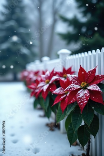Snowflakes gently fall on a row of poinsettias near a white fence, snowflake, landscape