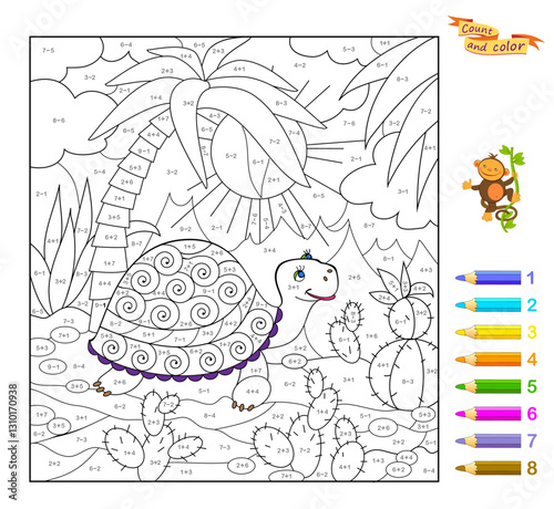Math education for children. Coloring book. Mathematical exercises on addition and subtraction. Solve examples and paint the turtle. Printable worksheet for kids. Vector illustration.