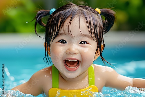 Playful Asian child girl with pigtails laughing while swimming and splashing in a backyard pool filled with blue water.