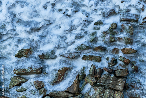 Snow covered rock pattern, close up. Icy and cold concept