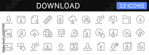 Download thin line icons set. Download file, document, upload, button icon. Editable stroke. Vector