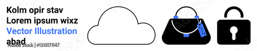 Cloud outline, handbag with tags, and locked padlock symbol. Ideal for cloud computing, online shopping, data security, e-commerce, personal belongings, encryption flat landing page banner