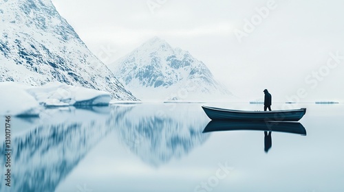   A man stands on a boat amidst a serene lake, surrounded by majestic mountains and blanketed in fresh snow