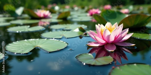 Turbulent water lilies on Albufera lake surface, wetlands, flora, environment