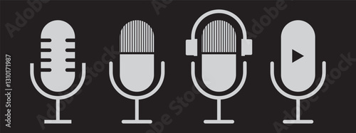 Microphone vector icons set. Voice record on studio. Karaoke or radio icons