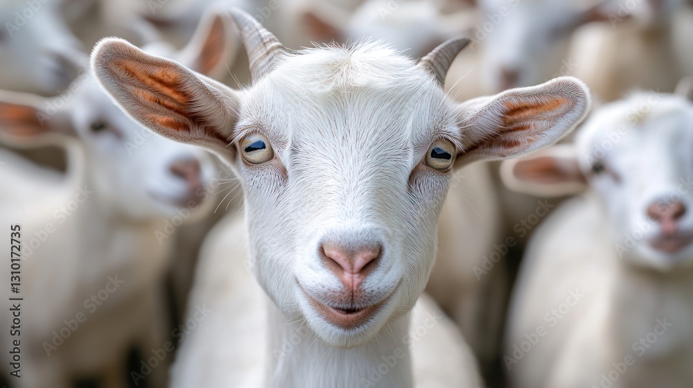 A close up portrait of a smiling white goat looking directly at viewer A close up portrait of a smiling white goat looking directly at viewer