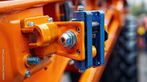 Close-up of an orange and blue industrial machinery coupling.