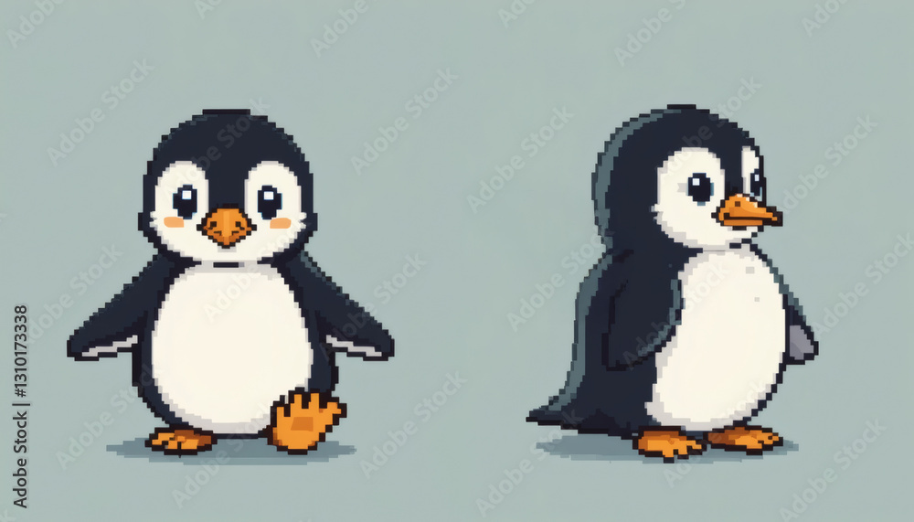 Fototapeta premium Isolated 8-bit pixel penguin character in two angles, front-facing waddling and side profile with flapping wings, nostalgic retro design on white background