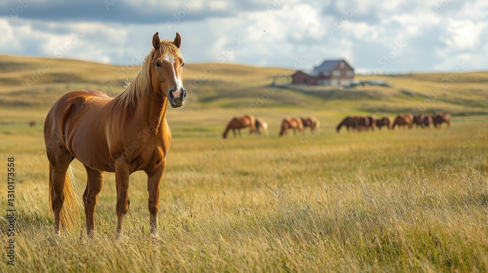 Fototapeta premium A beautiful chestnut mare stands in a sun-drenched field, her golden mane catching the light. A herd of horses grazes peacefully in the distance, a rustic farmhouse nestled on the horizon.