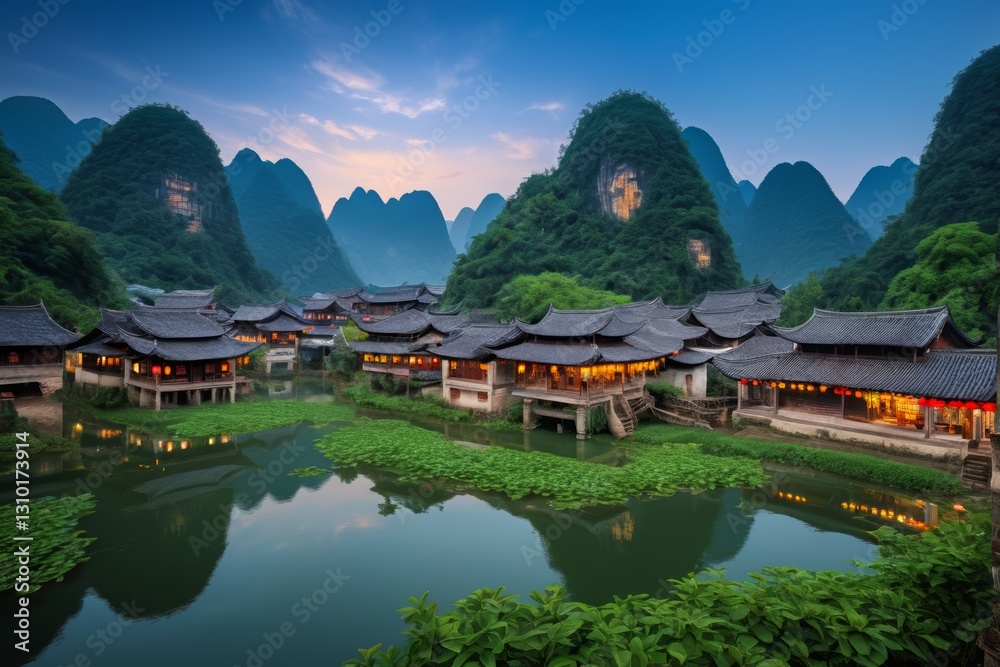 mountains and a river with a small village in the middle