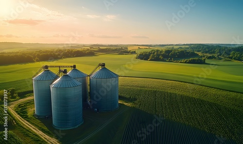 Agricultural landscape at sunset featuring grain silos and cultivated fields