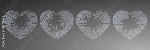 Broken heart gothic vector icon set, love sign rock gothic sticker, cracked shapes. Broken Glass Hearts with Cracks. Shattered Heart Shapes. Vector illustration. Different variations of broken heart