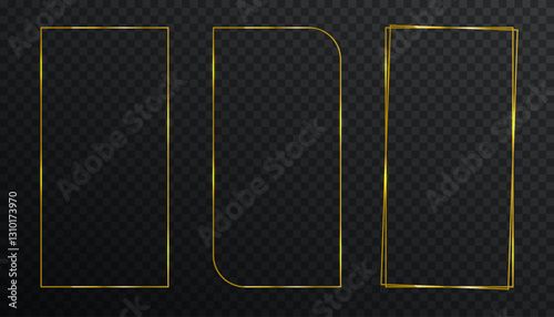 Shiny gold frame with glow shine flare effect and drop shadow on transparent background. Golden luxury realistic rectangle border. Vector illustration. Thin line. A textbox. Golden frame element