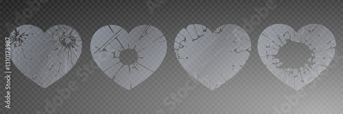 Broken heart gothic vector icon set, love sign rock gothic sticker, cracked shapes. Broken Glass Hearts with Cracks. Shattered Heart Shapes. Vector illustration. Different variations of broken heart