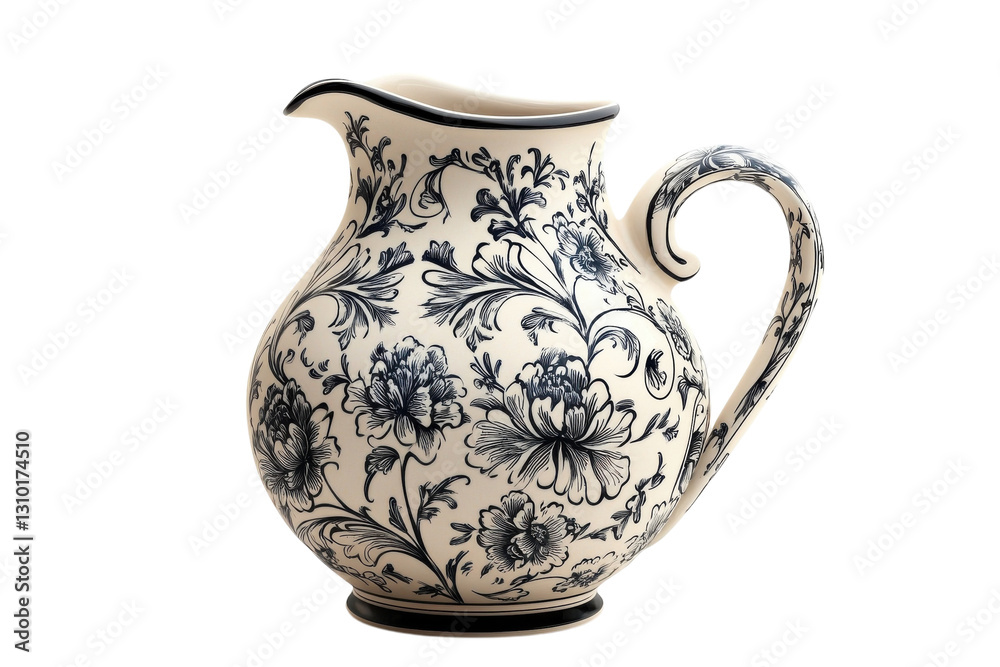 Beautiful ceramic pitcher with floral design displayed against a plain background in a well-lit setting Beautiful ceramic pitcher with floral design displayed against a plain background in a well-lit setting