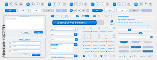 Blue 3d ui user interface webpage phone app button template vector design. Creative web application elements icons illustration set. 