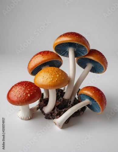 A close-up image of several isolated mushrooms with white backgrounds.