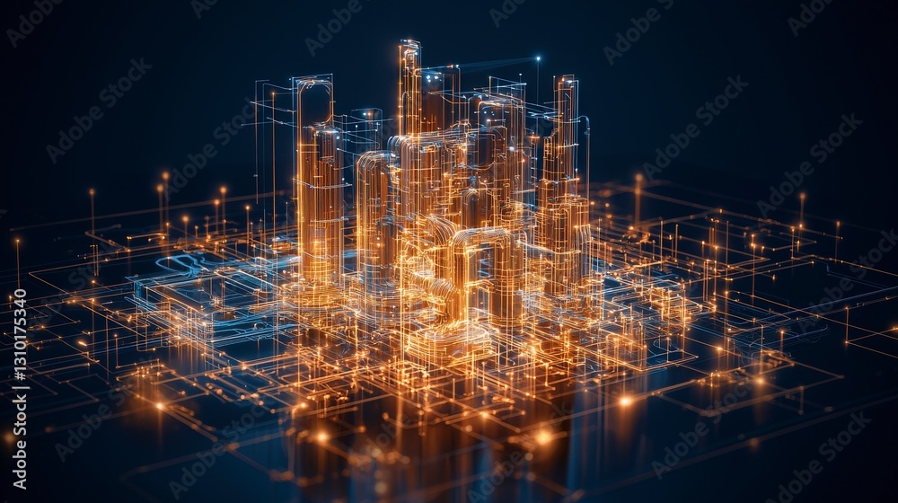 Obraz premium Abstract digital cityscape illuminated by glowing lines and nodes, representing advanced technology and connectivity.