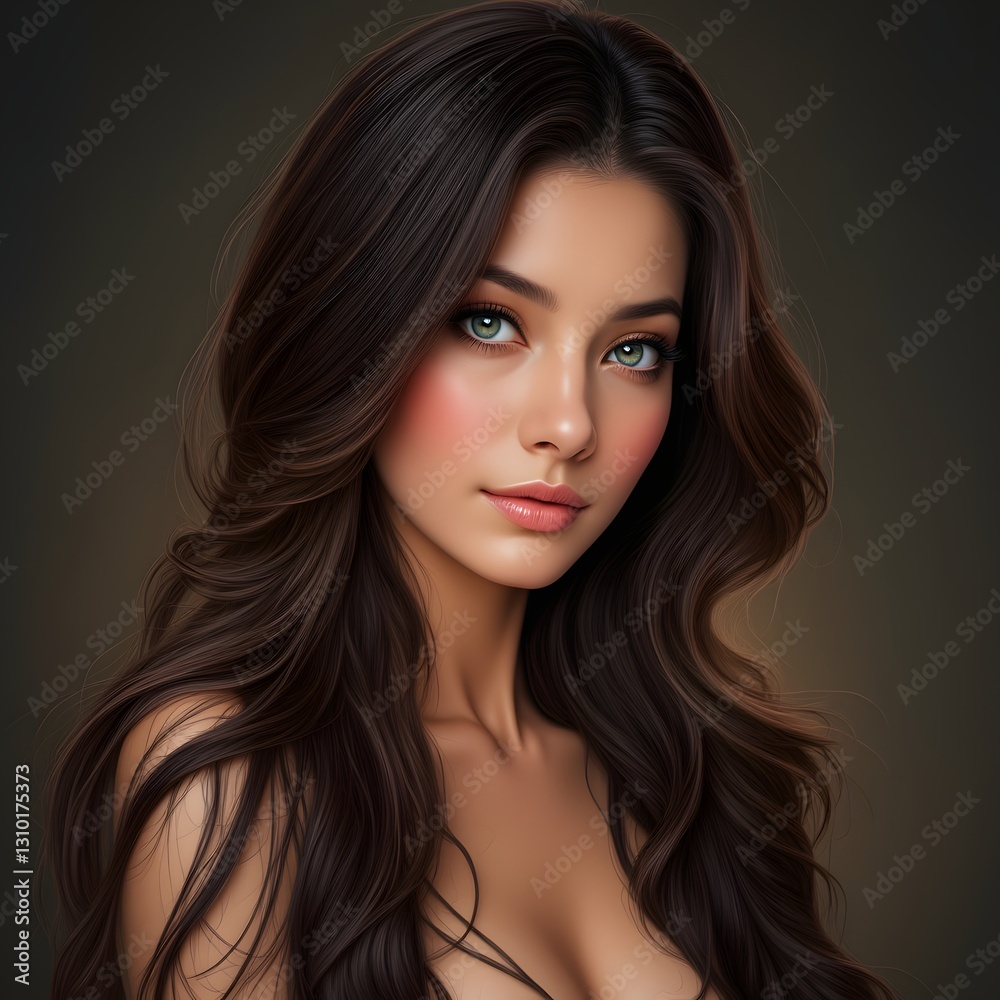 Fototapeta premium Stunning Woman with Long Wavy Hair and Captivating Eyes
