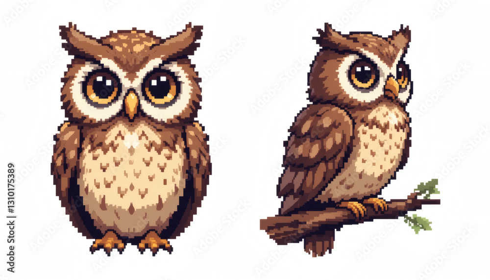 Fototapeta premium Charming 8-bit Pixel Owl with Big Eyes, Front and Side View Perched on a Branch, Isolated on a White Background