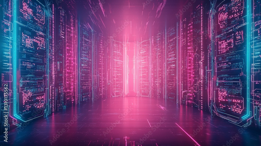 Obraz premium Futuristic digital corridor with glowing lights in pink and blue, creating a high-tech ambiance.