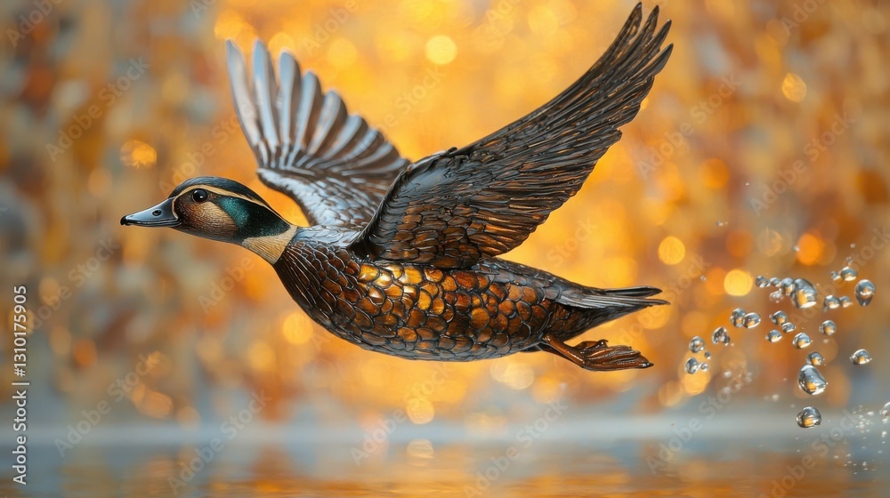 Obraz premium A detailed close-up of a meticulously crafted duck sculpture in flight, set against a warm, bokeh-filled background. The duck's intricate details are highlighted by the soft, golden light.