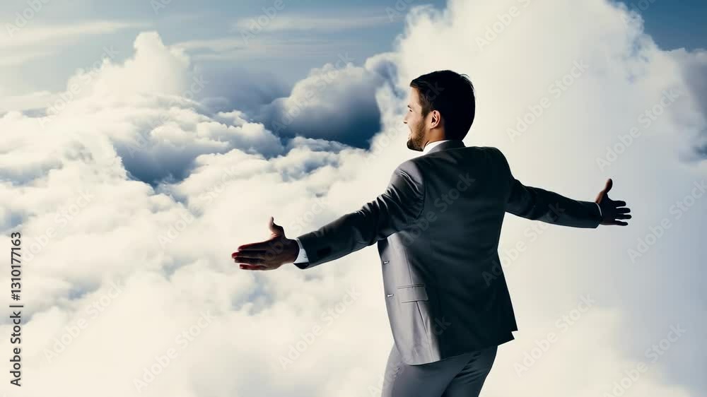 Businessman with open arms above the clouds, enjoying freedom and success Businessman with open arms above the clouds, enjoying freedom and success