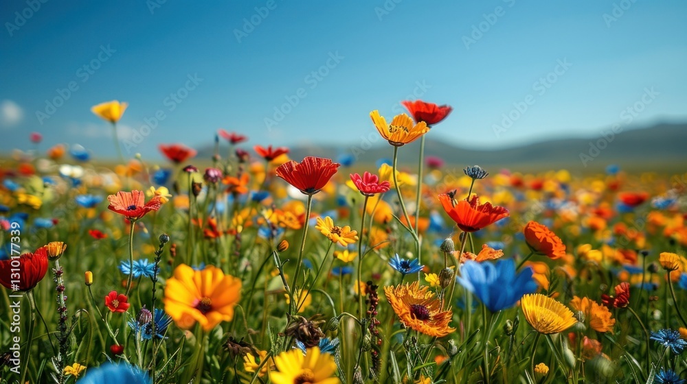 Obraz premium Colorful wildflowers bloom in a meadow with mountains under blue sky